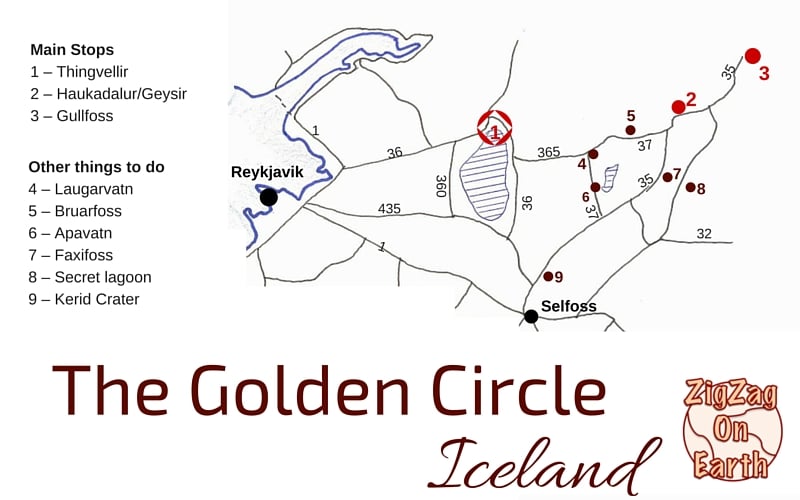 Mapa do Círculo Dourado da Islândia