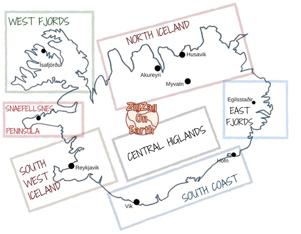 Mapa - Regiões turísticas da Islândia