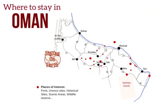 Where to stay in Oman Map Where to stay in Oman Map