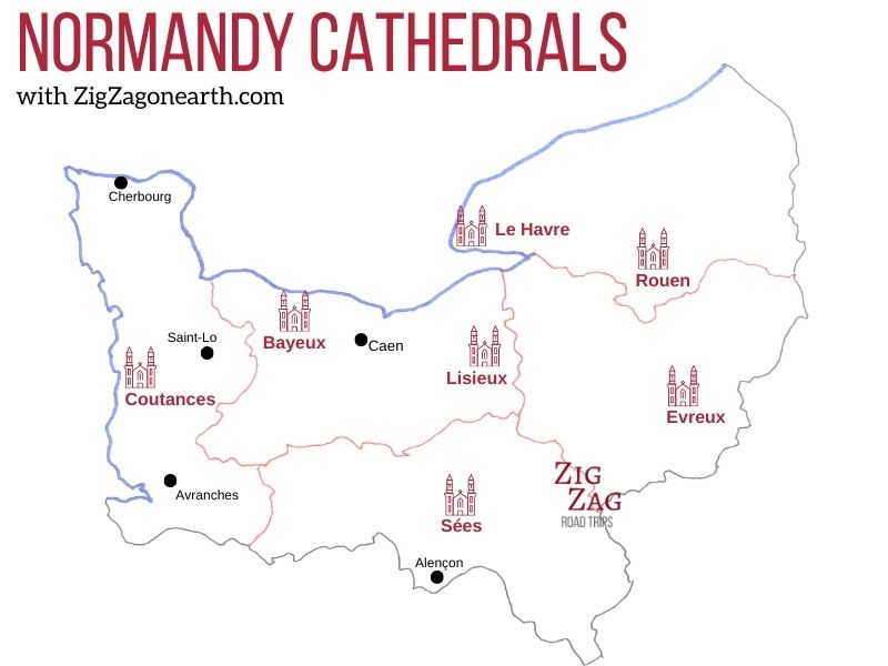 Normandy cathedrals map Normandy cathedrals map