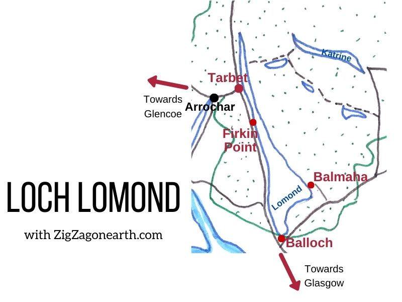 Map Loch Lomond villages views Scotland