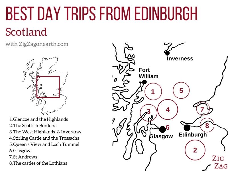 Map best day trips from Edinburgh road trips group tours