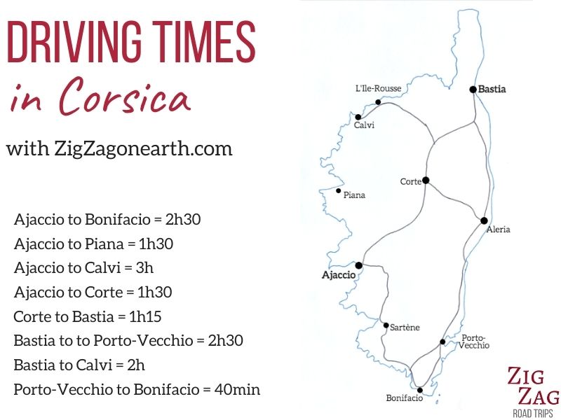 Driving times in Corsica map Driving times in Corsica map