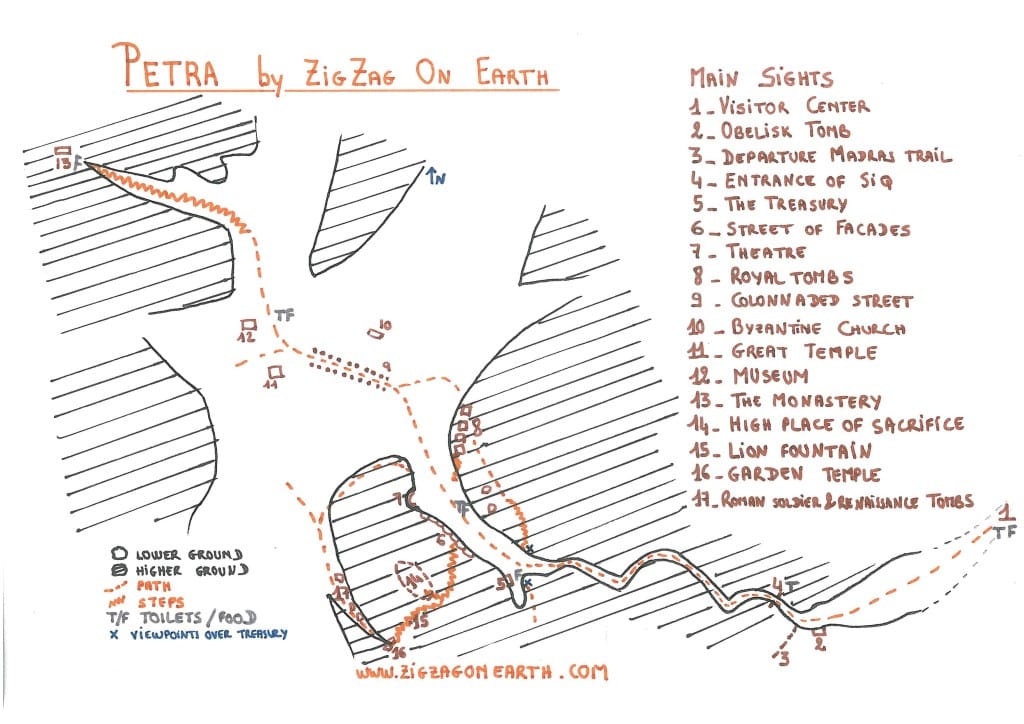 Map of Petra Jordan: Monuments and facilities
