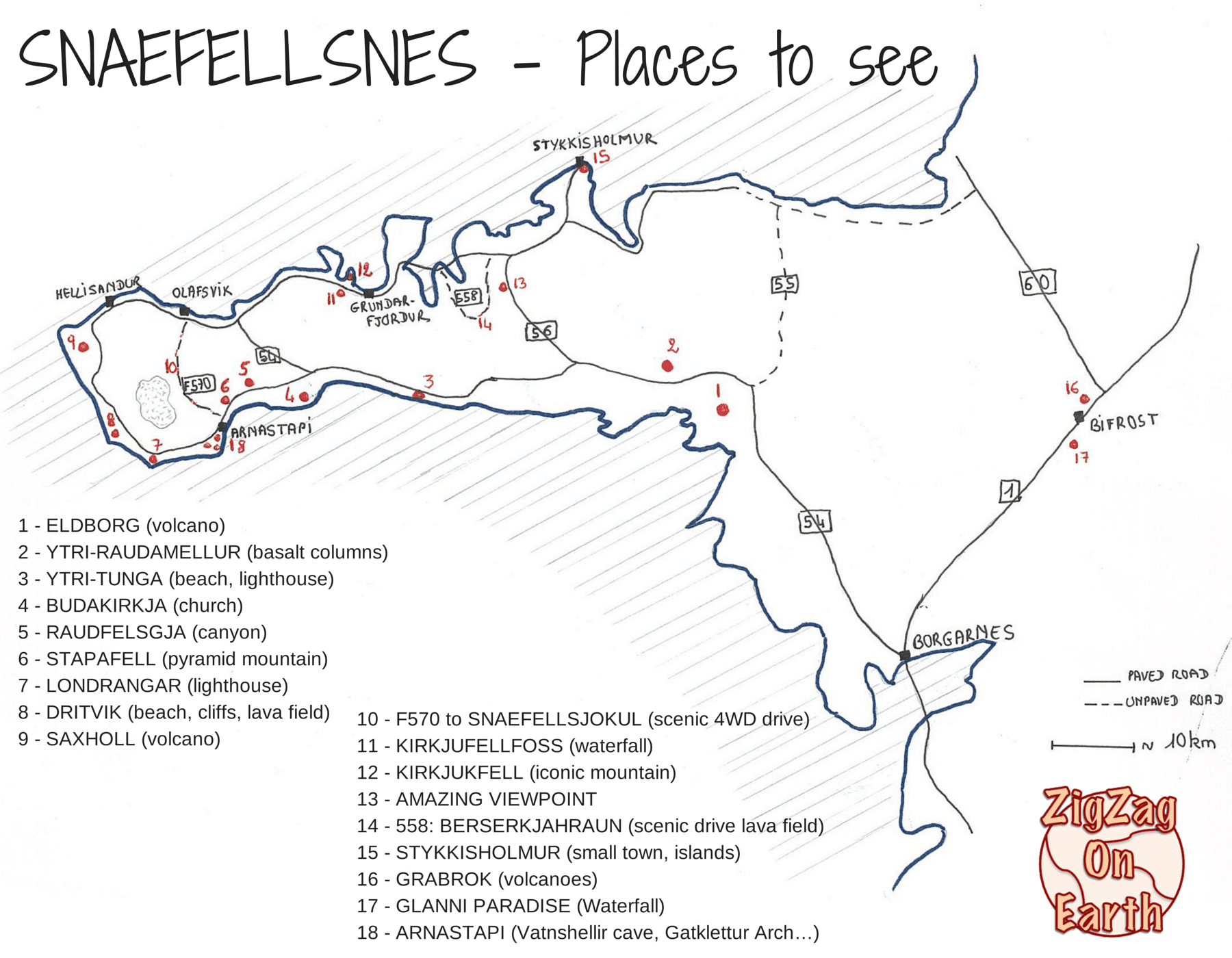 Snaefellsnes Halbinsel Karte mit Sehenswürdigkeiten