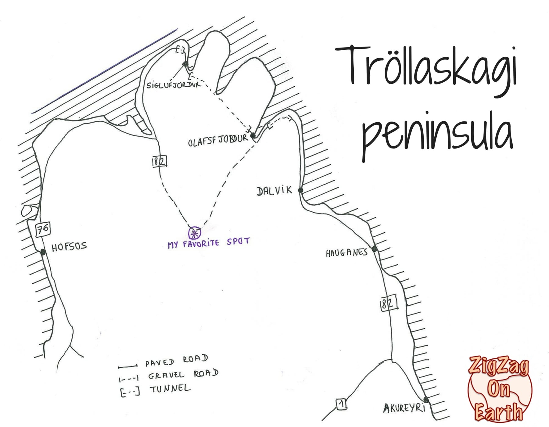 Kaart van het schiereiland Trollaskagi, IJsland