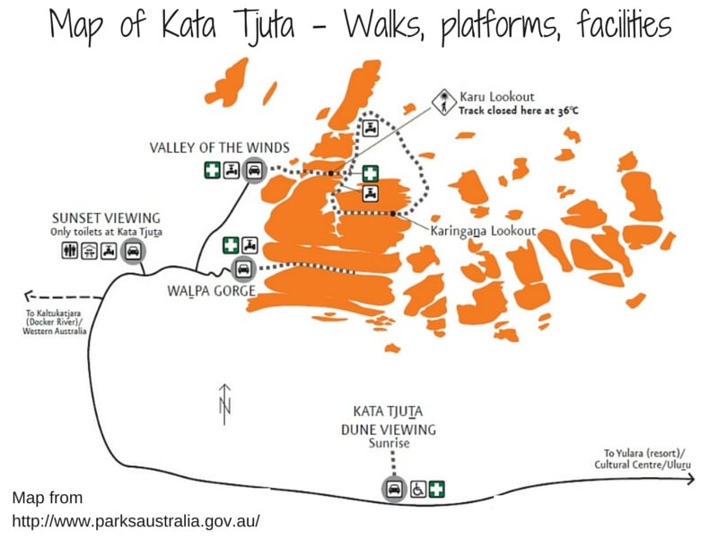 Kata Tjuta Map Walks, sunset, sunrise platforms, facilities