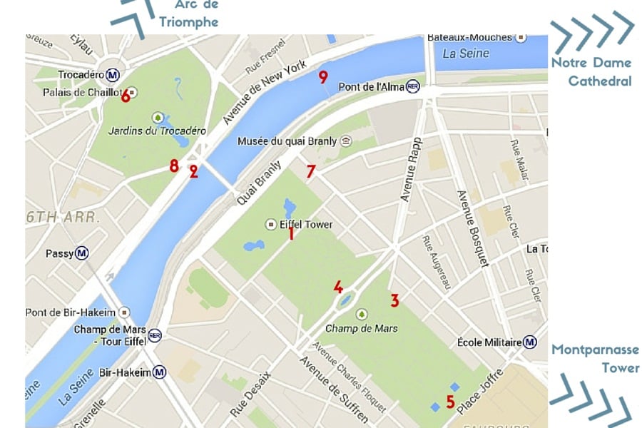Map Best locations to photograph Eiffel Tower Paris
