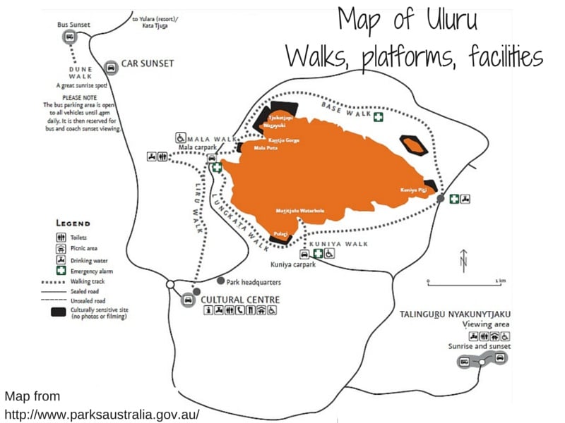 Uluru Map Walks, sunset, sunrise platforms, facilities