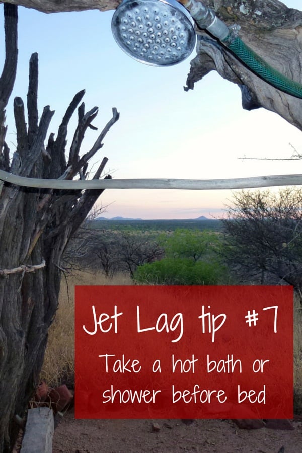 tip to avoid jet lag effects: hot bath or shower before bed