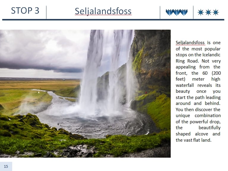 Experience Iceland travel guide - double page info Example page stop Ring Road Iceland Travel Guide