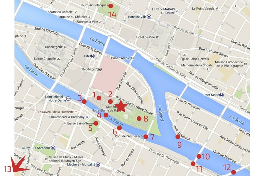 Map best spots to photograph Notre Dame Cathedral Paris