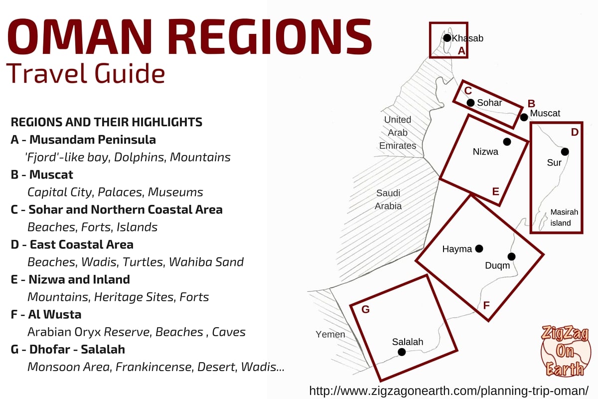 Kaart Oman Regio's - Toeristische plaatsen om te bezoeken - Reisgids 1