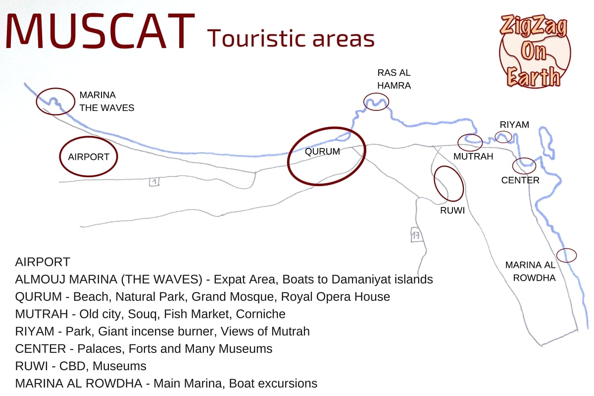 Mapa das zonas turísticas de Muscat, Omã coisas para fazer