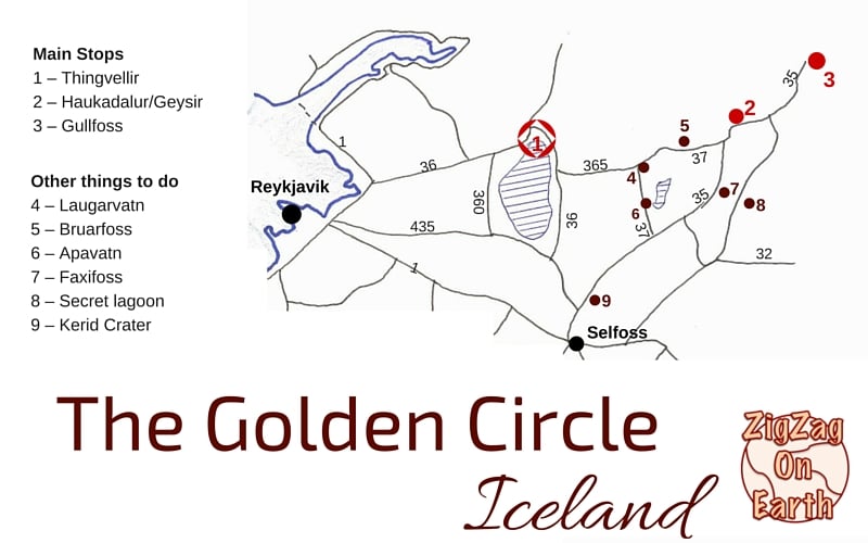 Kaart van de Gouden Cirkel IJsland