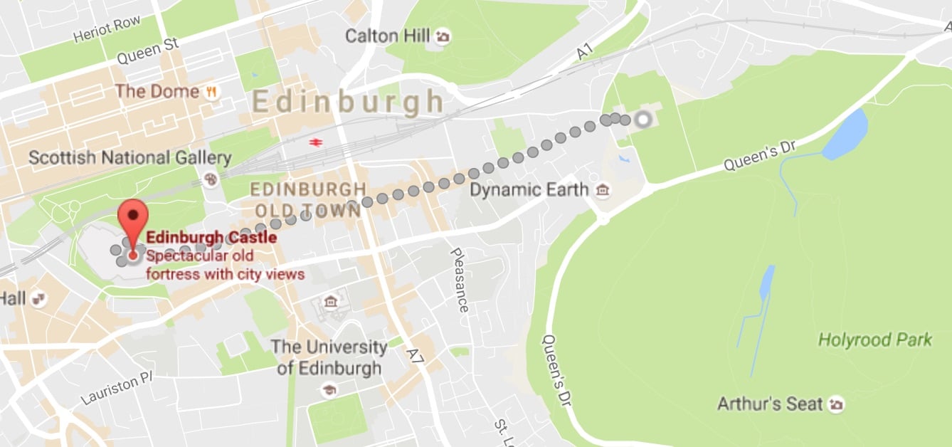 Mapa da Royal Mile de Edimburgo - Dados do Google Map @ 2017