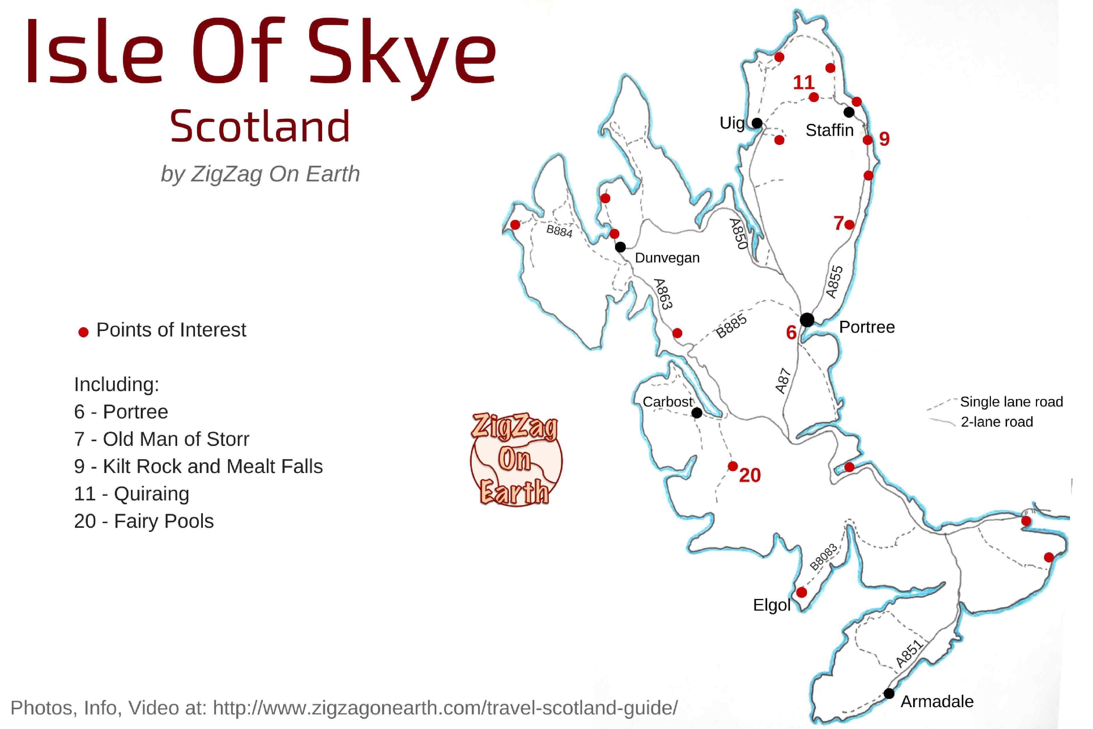 Mapa da Ilha de Skye - atracções e estradas