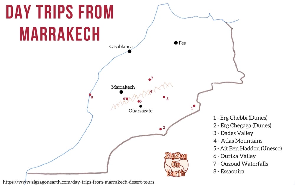 Best day trips from Marrakech Map Morocco