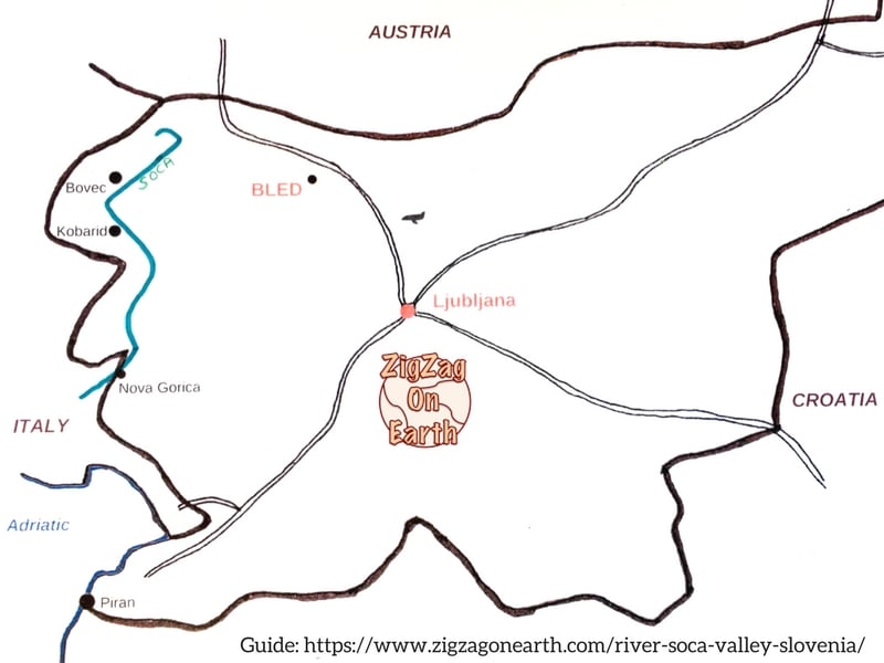 Kaart - Soca-rivier en -vallei in Slovenië