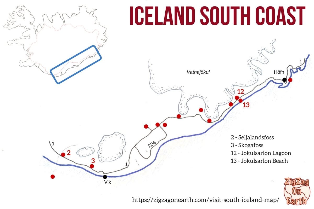 Simplified South Coast Iceland Map Attractions