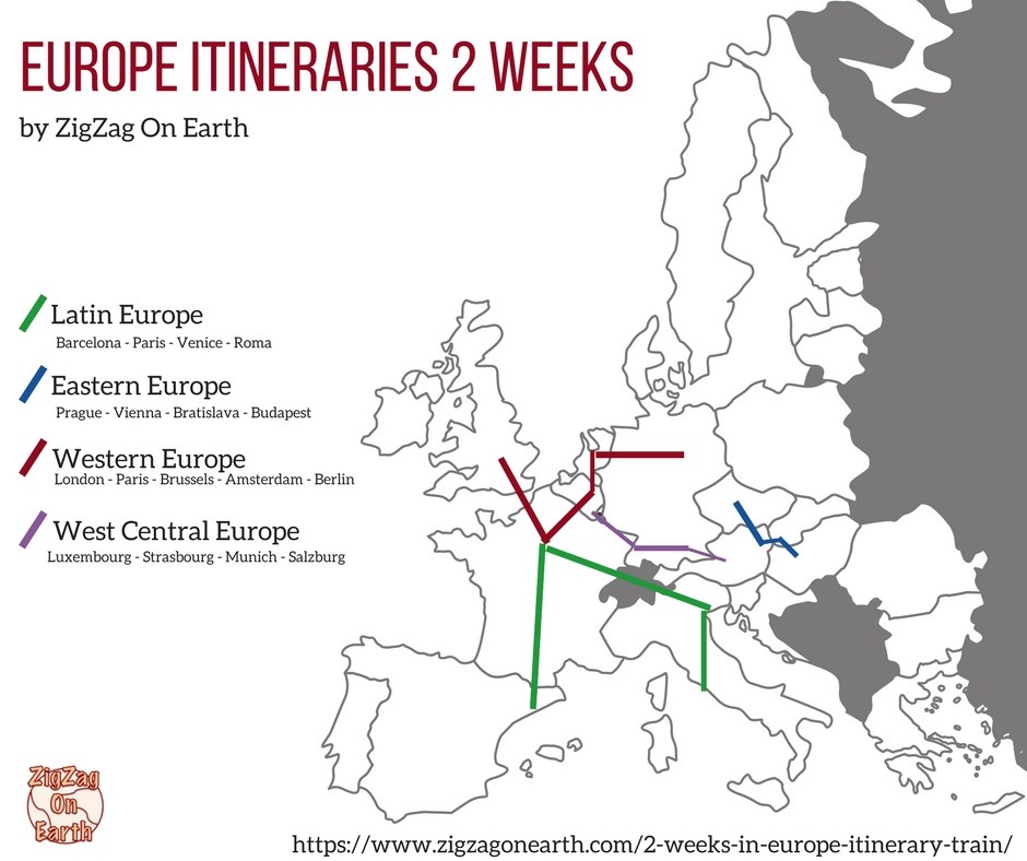 Map Europe itinerary 2 weeks by trains