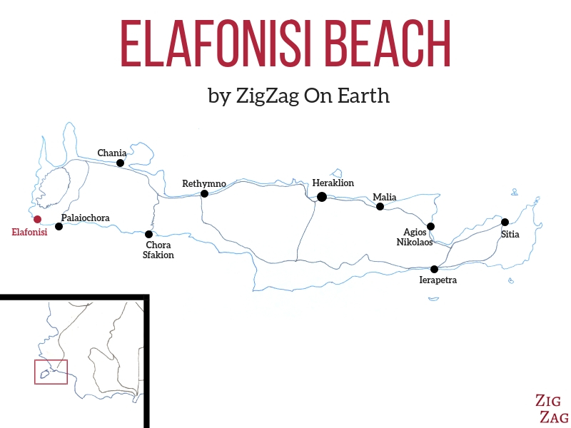 Mapa da praia de Elafonisi cor-de-rosa em Creta - localização