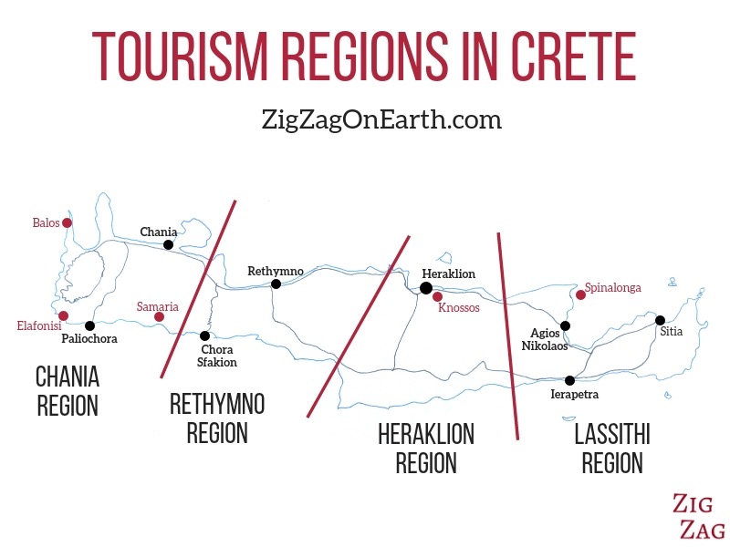 Mapa de Creta regiões de turismo