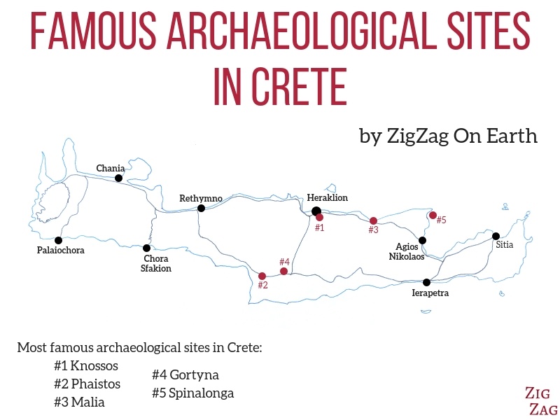 Beste archeologische vindplaatsen en oude ruïnes op Kreta - Kaart