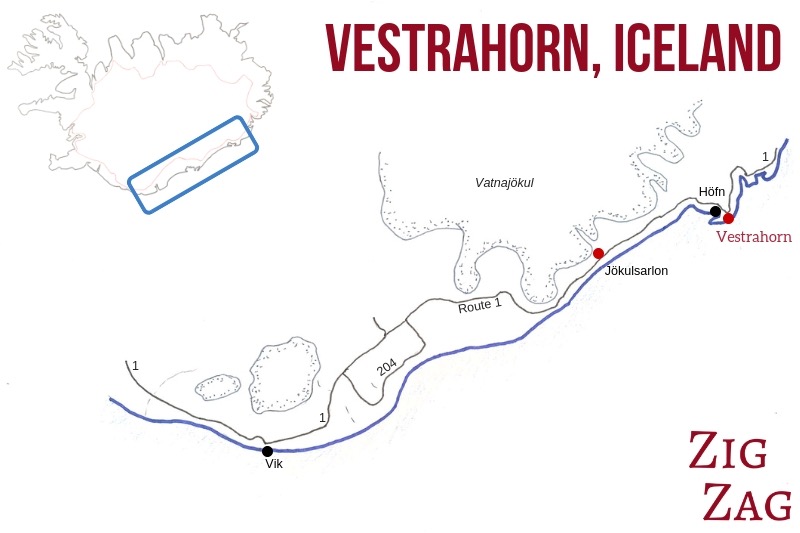 Placering af Vestrahorn i Island - Kort