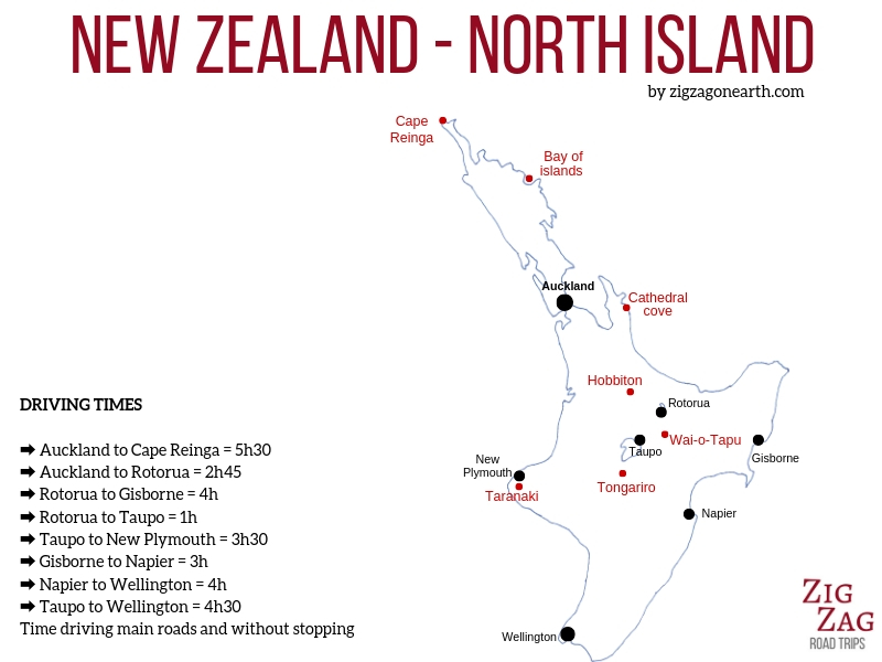 Mappa panoramica per pianificare il suo itinerario nell'Isola del Nord della Nuova Zelanda