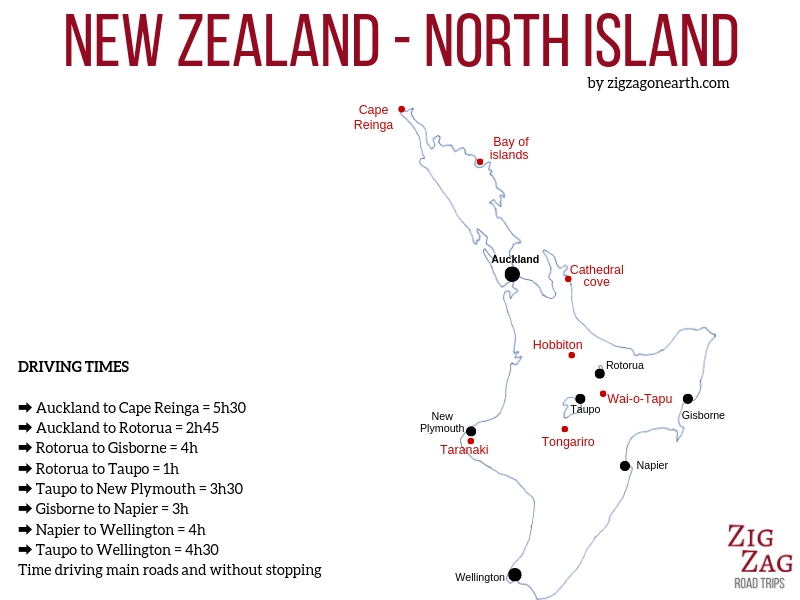 Melhores lugares para ficar na Ilha Norte da Nova Zelândia - Mapa