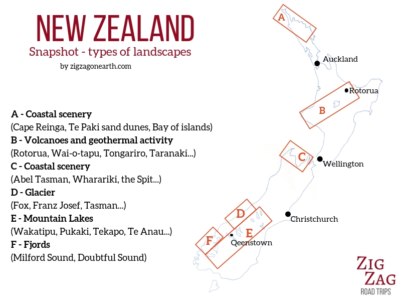 Mappa dei paesaggi della Nuova Zelanda