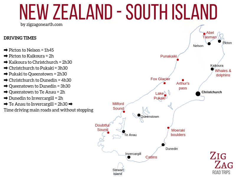 Mapa geral para planear o seu itinerário na Ilha do Sul da Nova Zelândia