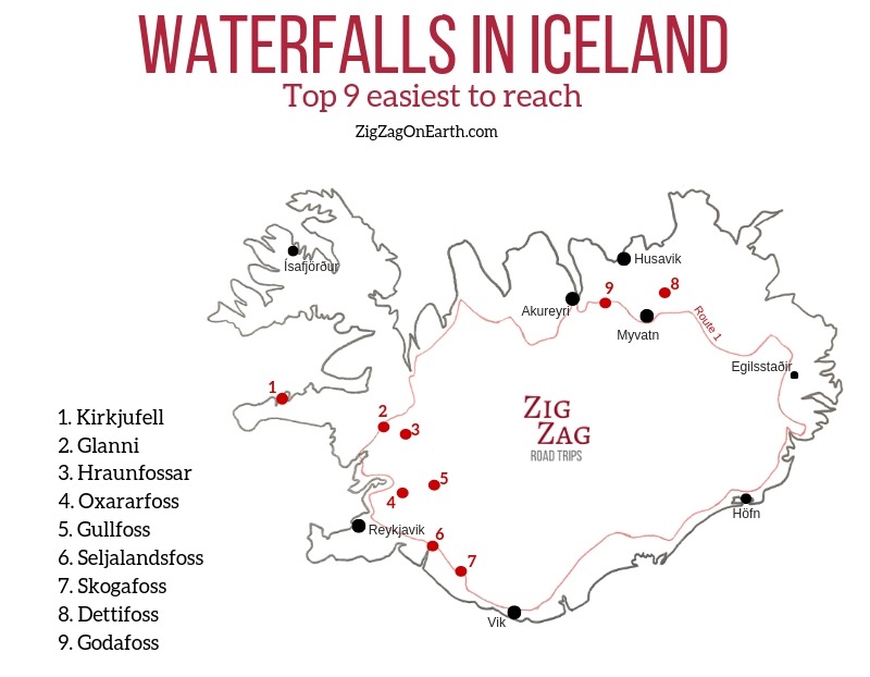 Best waterfalls in Iceland - Map