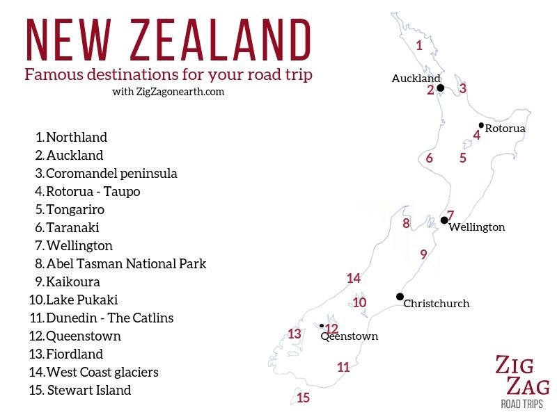 Destinazioni Mappa del viaggio in Nuova Zelanda