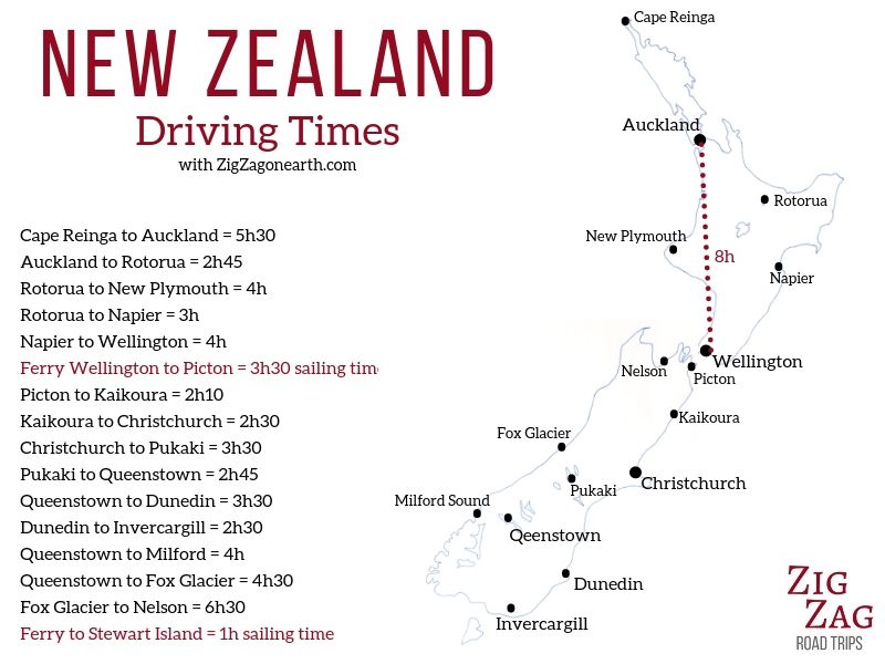 road trip New Zealand map driving times