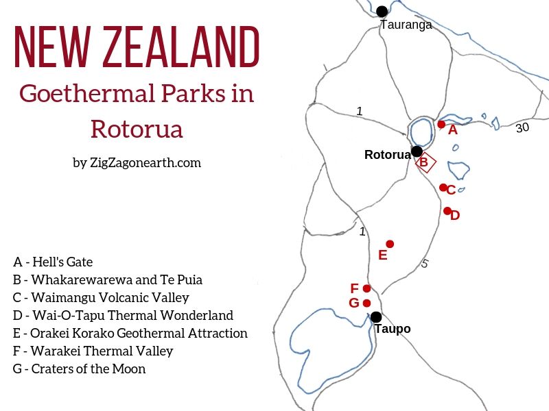 Mapa dos Parques Geotérmicos de Rotorua - localização de Orakei