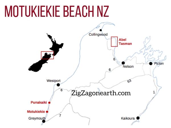 Localização Motukiekie beach Nova Zelândia mapa