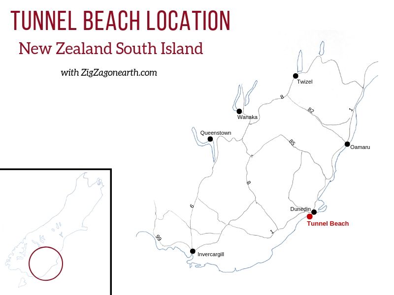 Tunnel beach i New Zealand - Kort