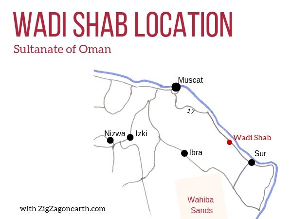 Placering af Wadi Shab - Kort