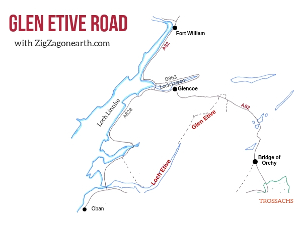 Mapa da estrada de Glen Etive