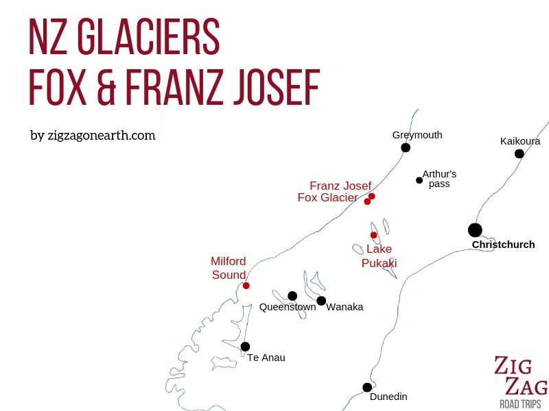 Fox og Franz Josef Glacier placering - kort