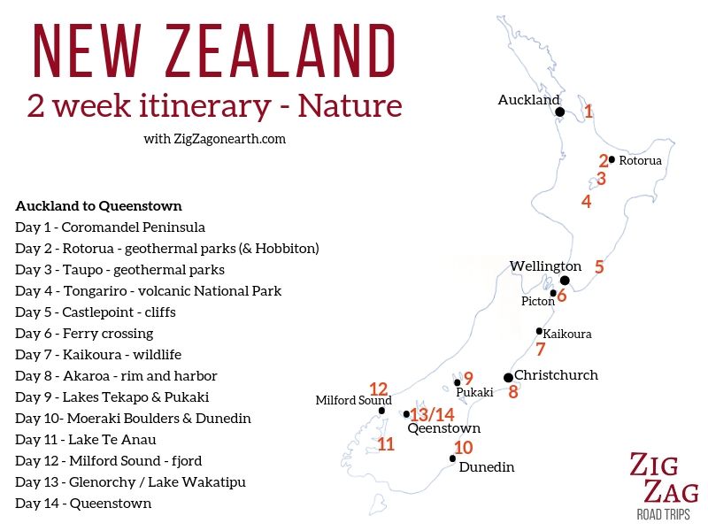Mapa do itinerário de 2 semanas na Nova Zelândia