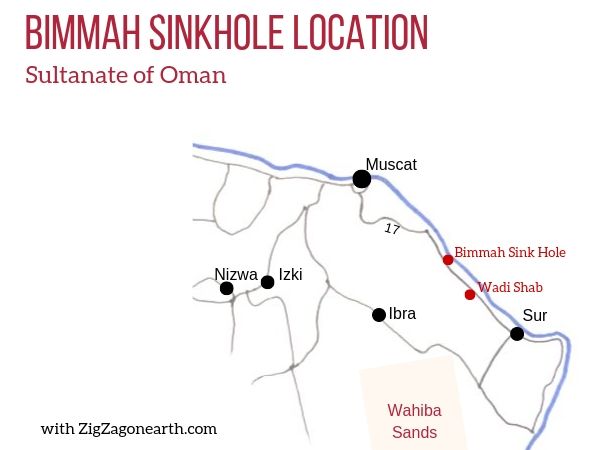 Karta över läget för Bimmah Sinkhole i Oman