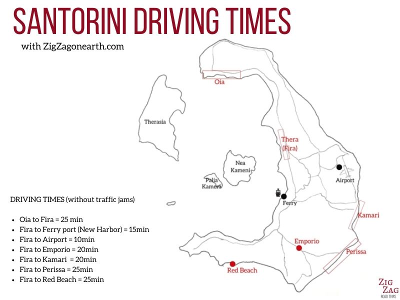 Conduzir em Santorini - Mapa com os tempos de condução