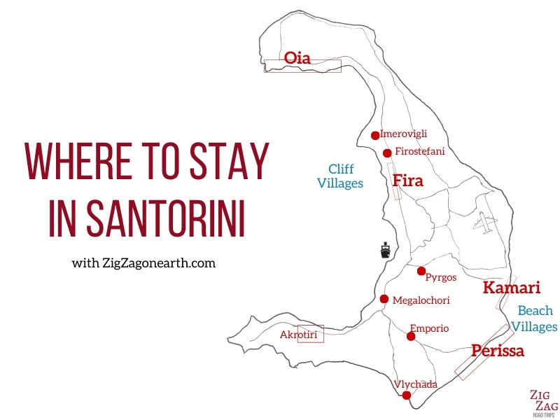 Where to stay in Santorini map villages