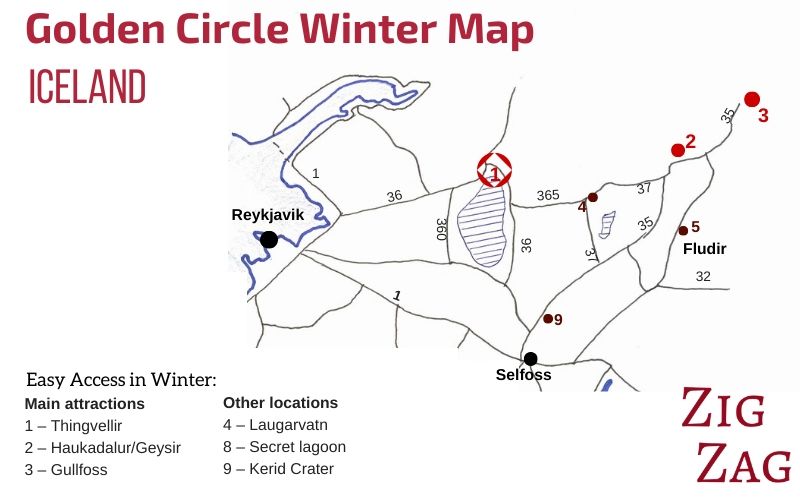 Mapa do Círculo Dourado da Islândia - Atracções de inverno
