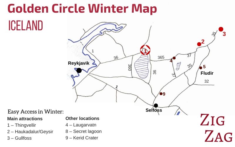 Kaart IJsland Gouden Cirkel - Winterattracties