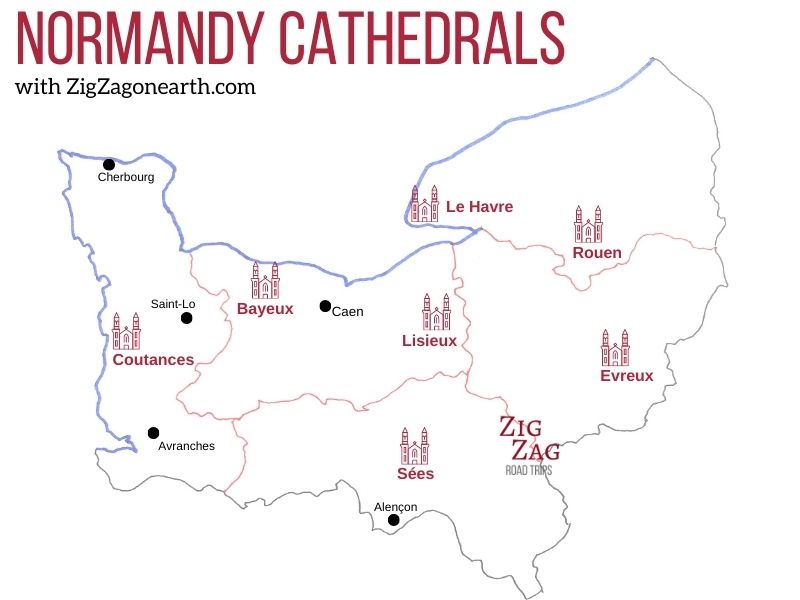 Normandy cathedrals map