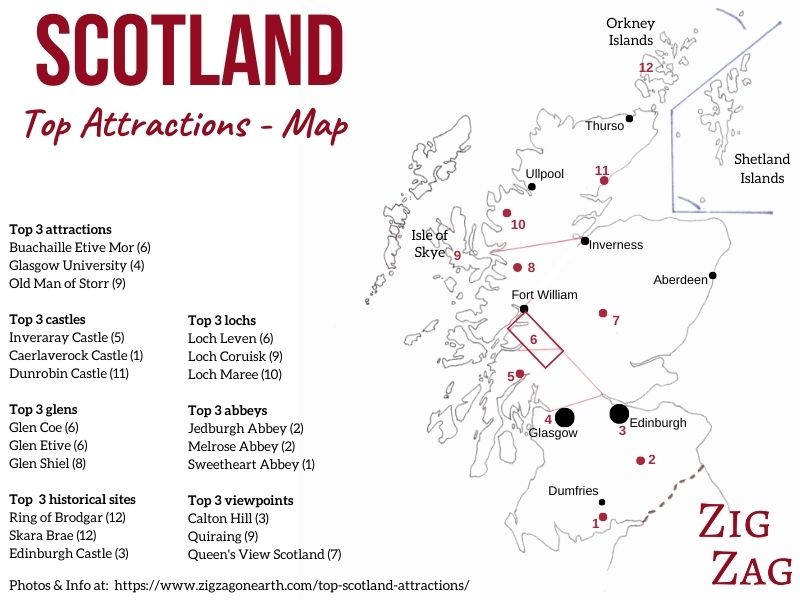 Mappa delle attrazioni della Scozia